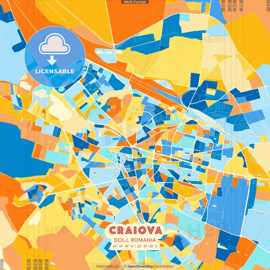Craiova, Dolj, Romania blue and orange vector art map template