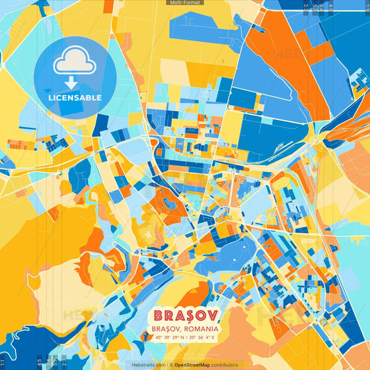 Brașov, Brașov, Romania blue and orange vector art map template