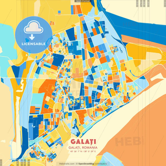 Galați, Galați, Romania blue and orange vector art map template