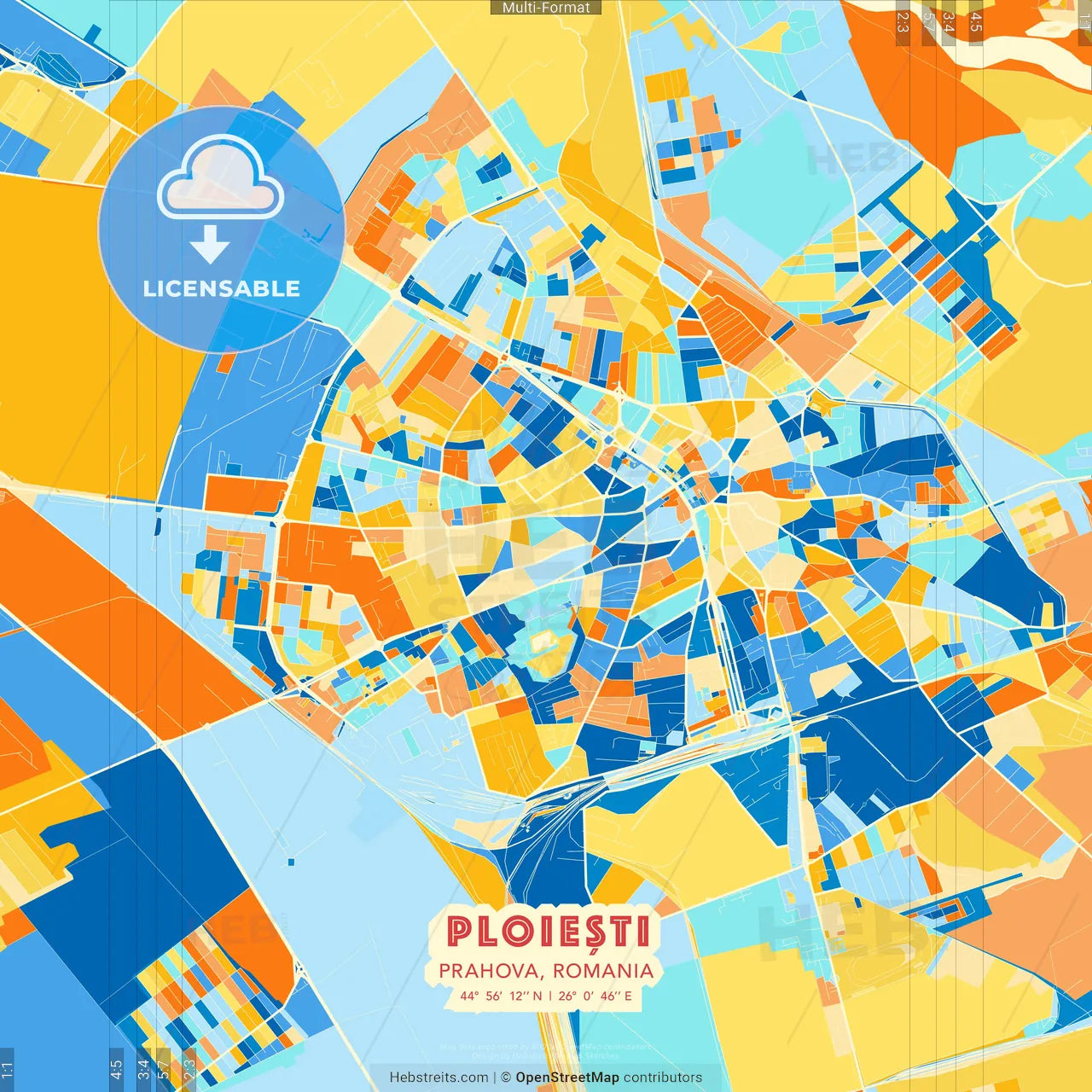 Ploiești, Prahova, Romania blue and orange vector art map template