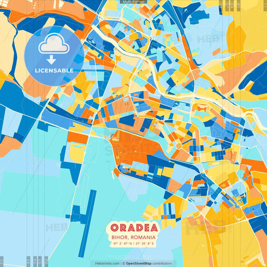Oradea, Bihor, Romania blue and orange vector art map template