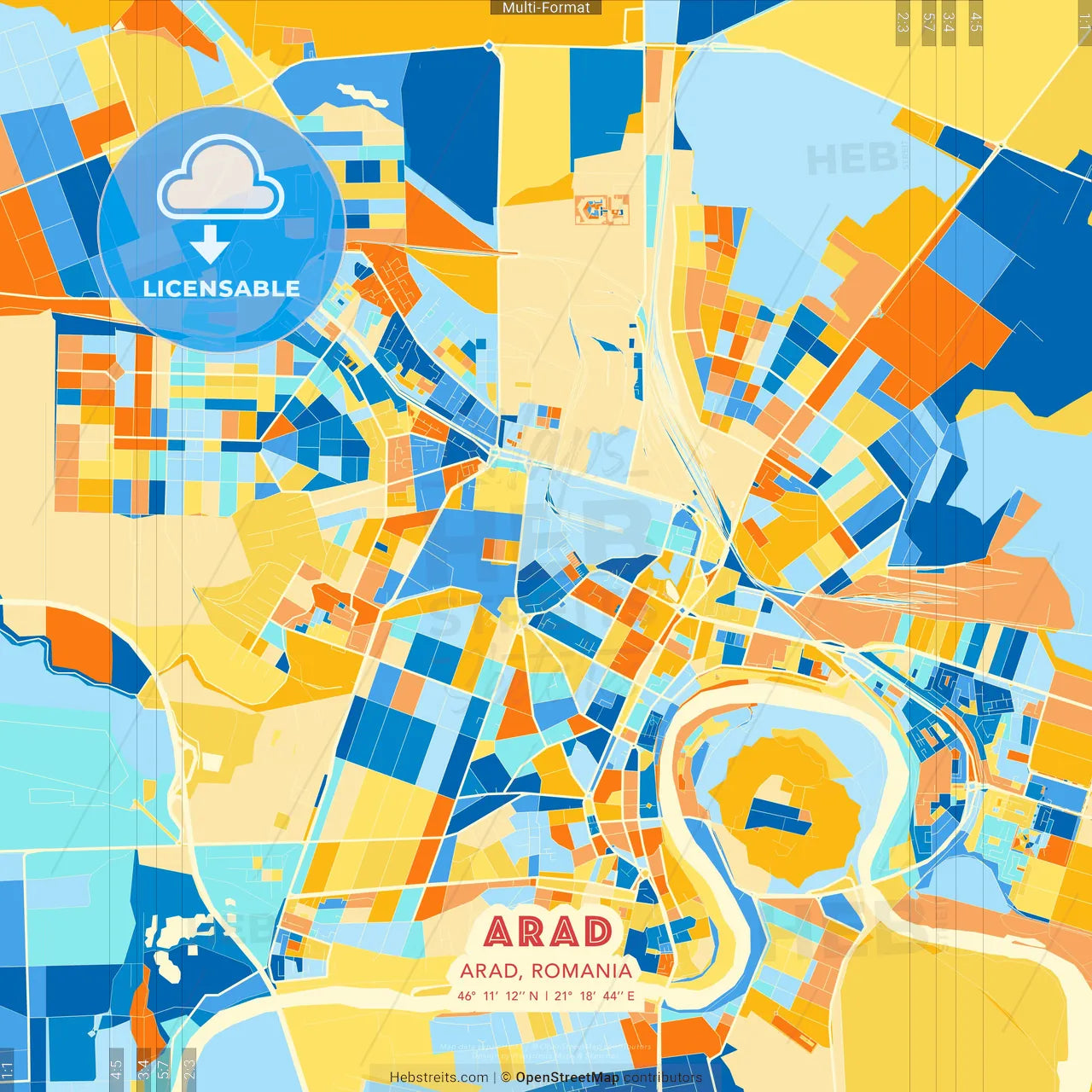 Arad, Arad, Romania blue and orange vector art map template
