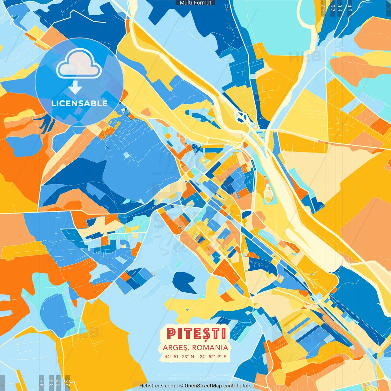 Pitești, Argeș, Romania blue and orange vector art map template