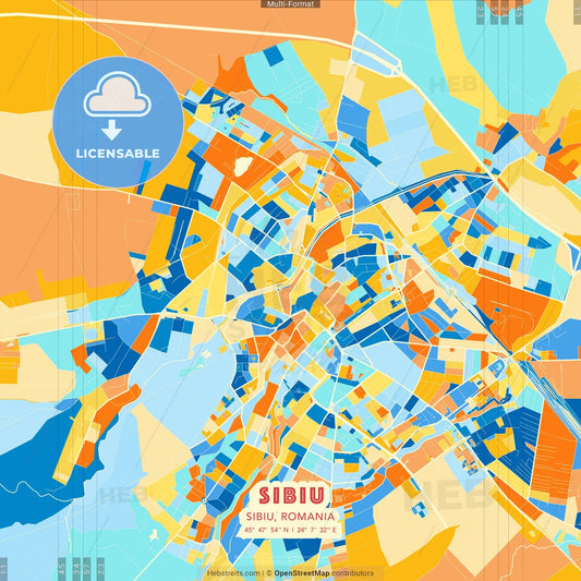 Sibiu, Sibiu, Romania blue and orange vector art map template
