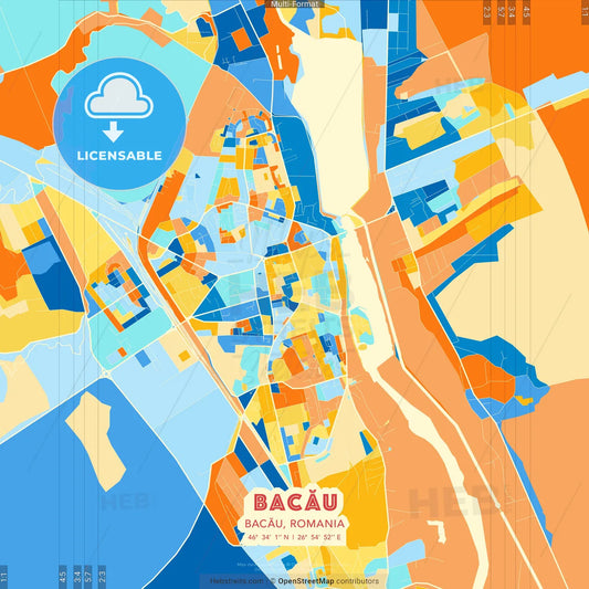 Bacău, Bacău, Romania blue and orange vector art map template