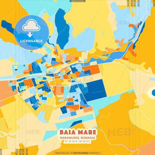 Baia Mare, Maramureș, Romania blue and orange vector art map template