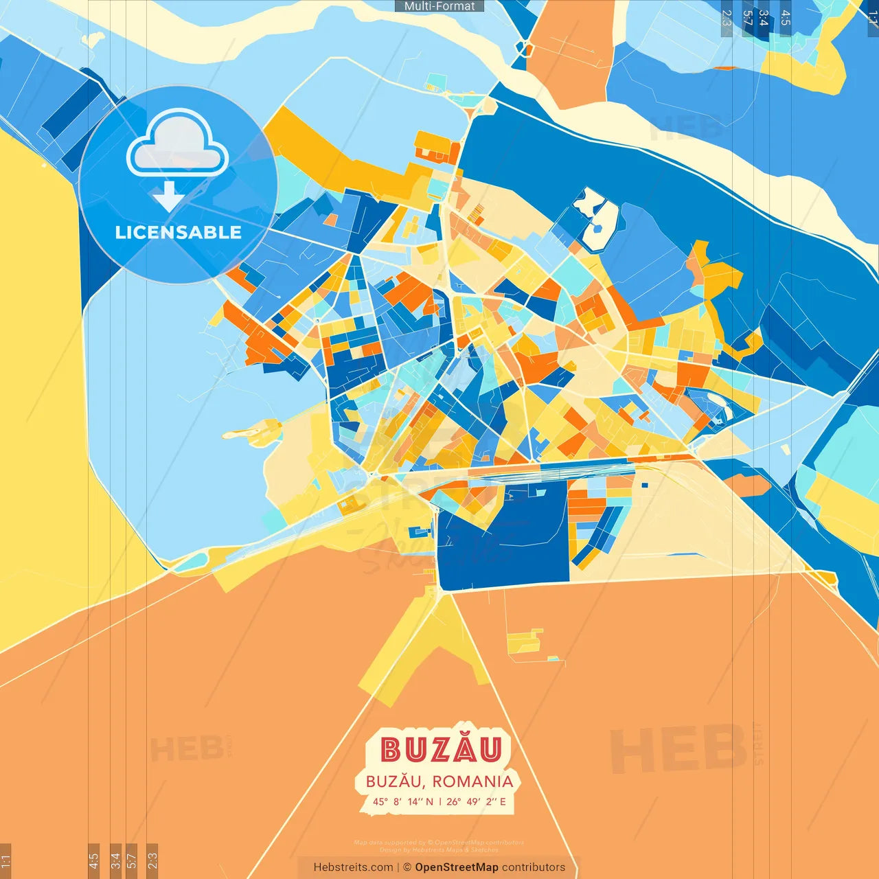Buzău, Buzău, Romania blue and orange vector art map template