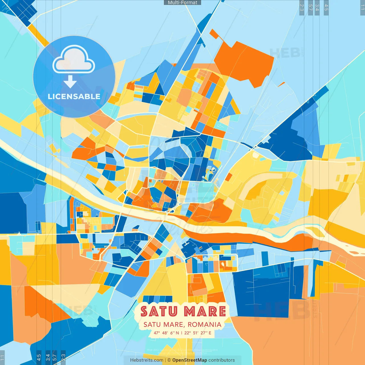 Satu Mare, Satu Mare, Romania blue and orange vector art map template