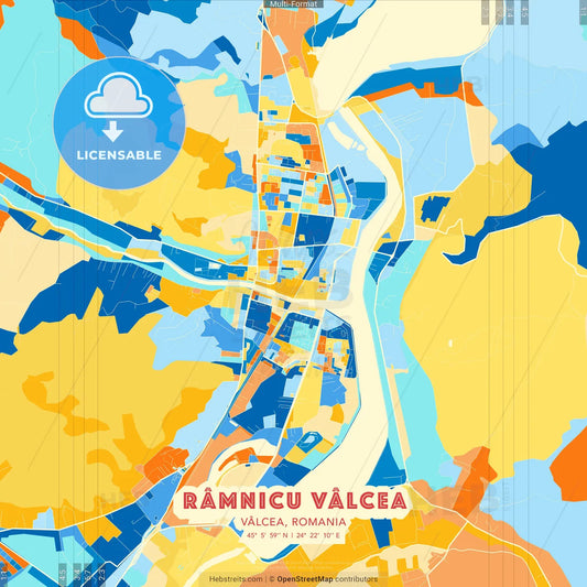 Râmnicu Vâlcea, Vâlcea, Romania blue and orange vector art map template