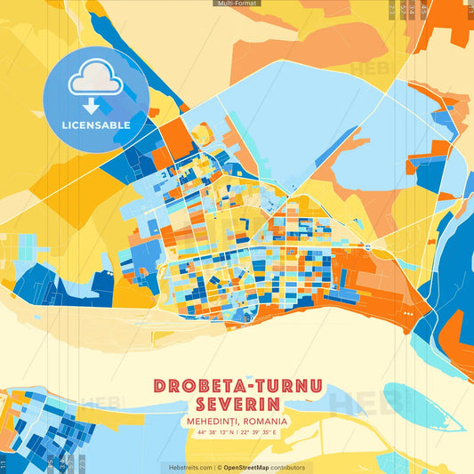 Drobeta-Turnu Severin, Mehedinți, Romania blue and orange vector art map template