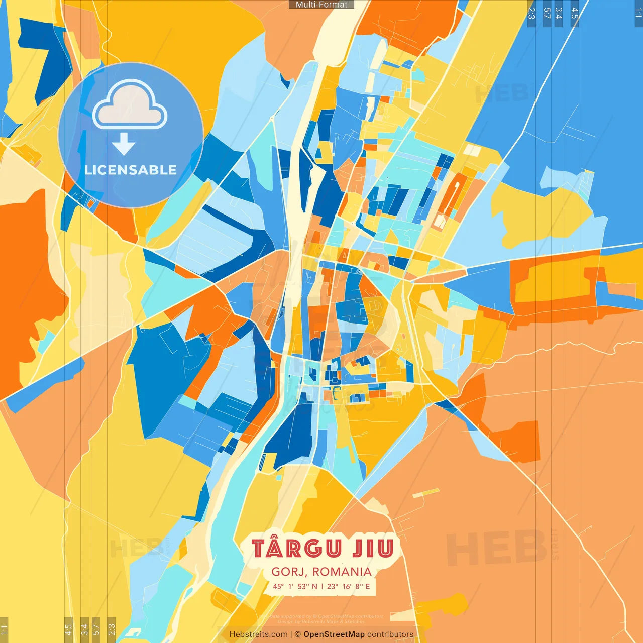 Târgu Jiu, Gorj, Romania blue and orange vector art map template