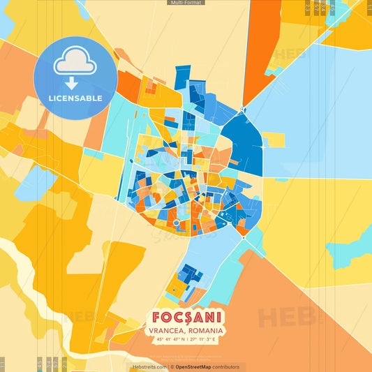 Focșani, Vrancea, Romania blue and orange vector art map template