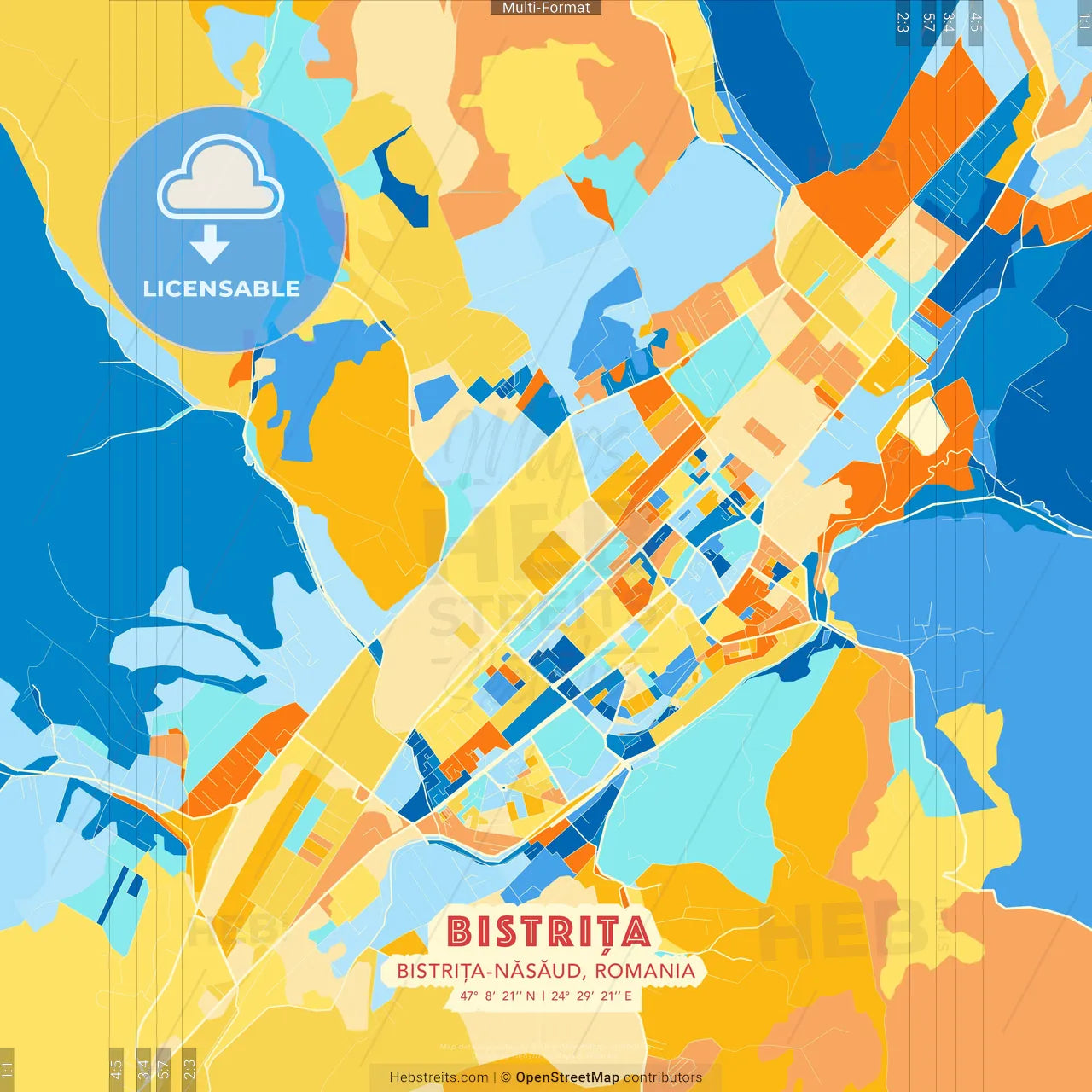 Bistrița, Bistrița-Năsăud, Romania blue and orange vector art map template