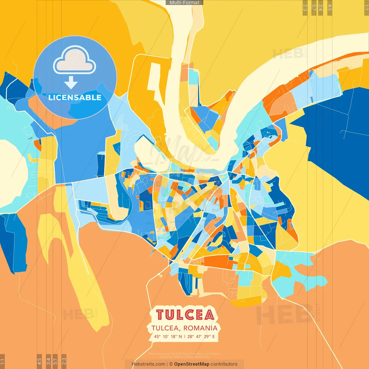 Tulcea, Tulcea, Romania blue and orange vector art map template