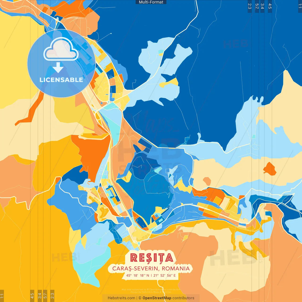 Reșița, Caraș-Severin, Romania blue and orange vector art map template