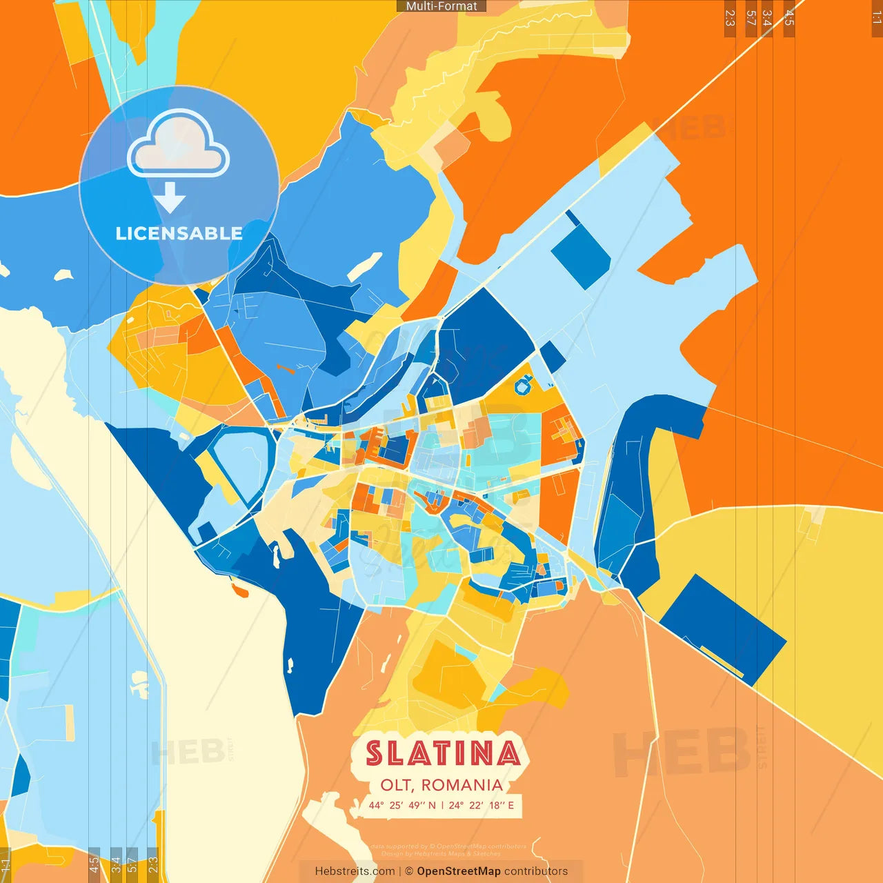 Slatina, Olt, Romania blue and orange vector art map template