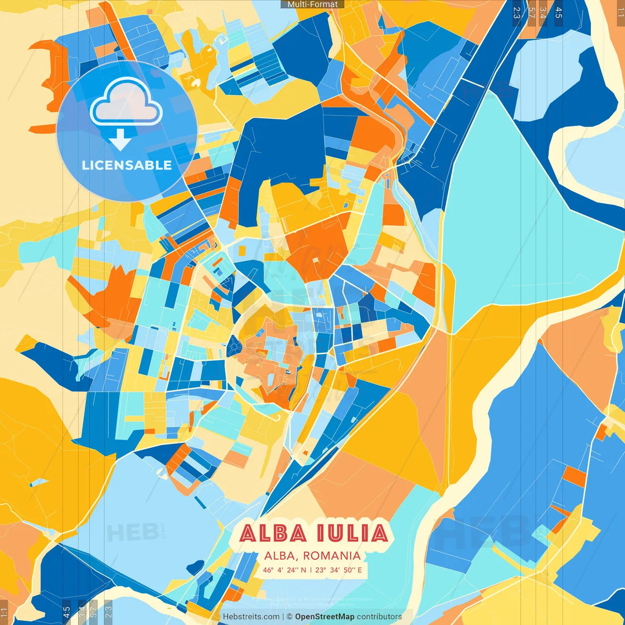 Alba Iulia, Alba, Romania blue and orange vector art map template