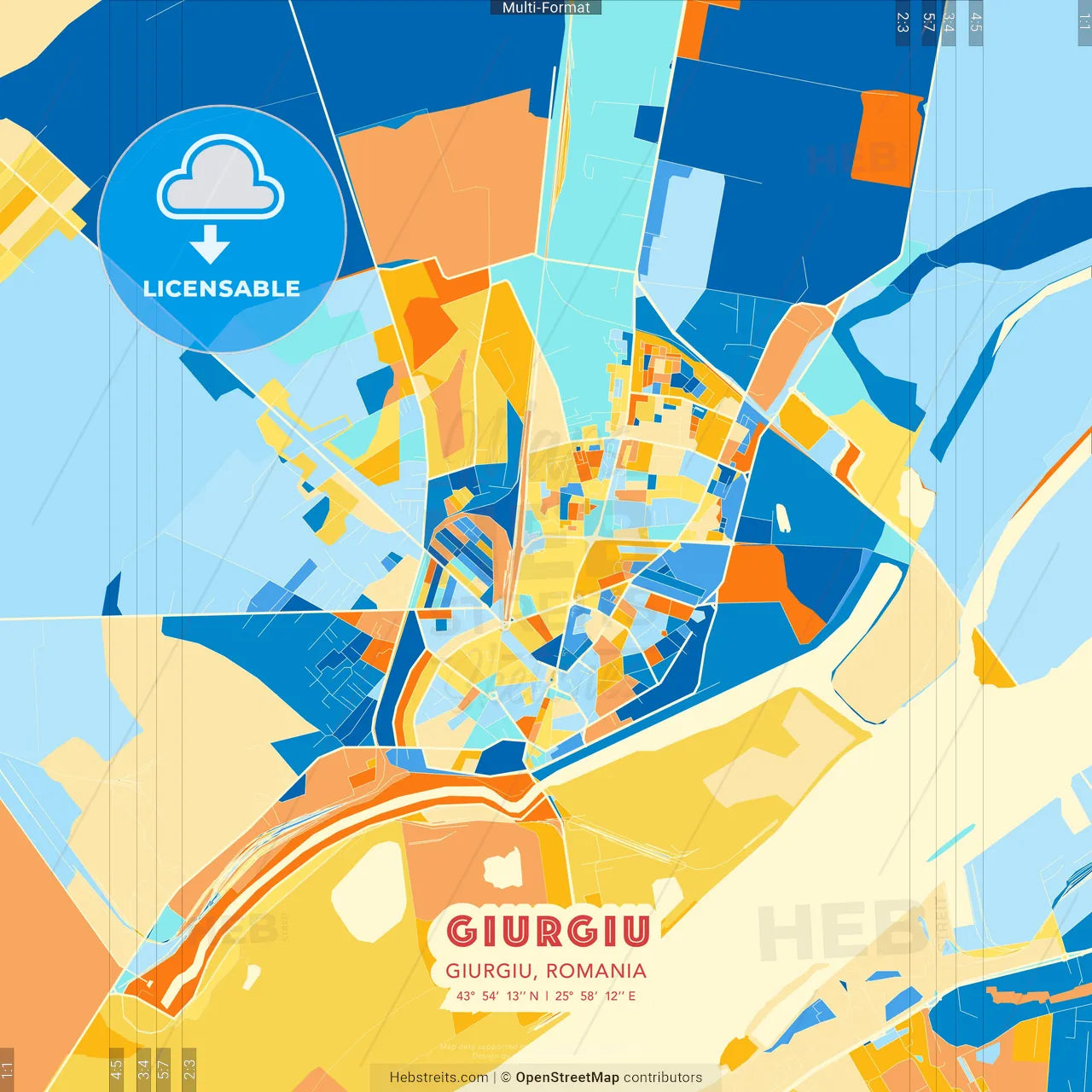 Giurgiu, Giurgiu, Romania blue and orange vector art map template