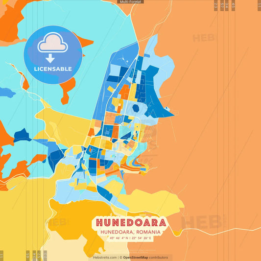 Hunedoara, Hunedoara, Romania blue and orange vector art map template