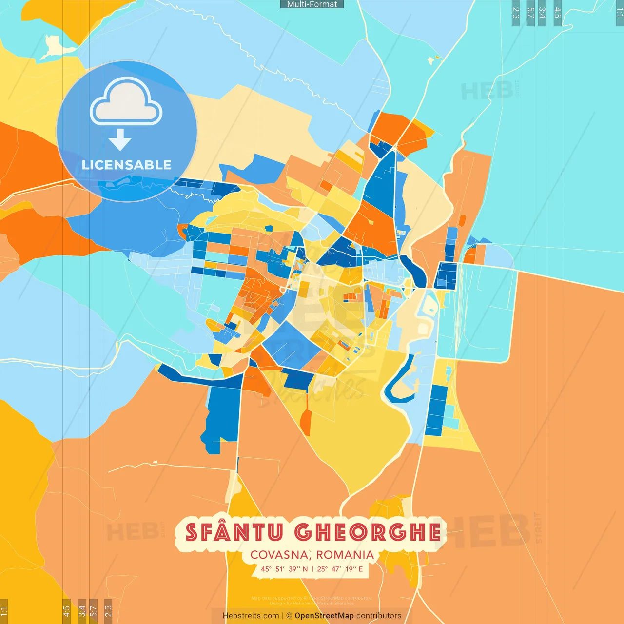 Sfântu Gheorghe, Covasna, Romania blue and orange vector art map template