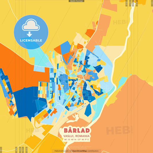 Bârlad, Vaslui, Romania blue and orange vector art map template