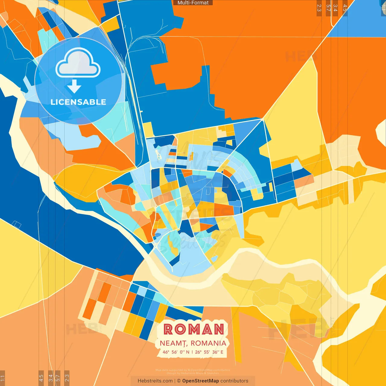 Roman, Neamț, Romania blue and orange vector art map template