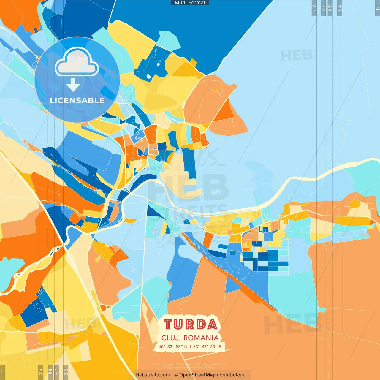 Turda, Cluj, Romania blue and orange vector art map template