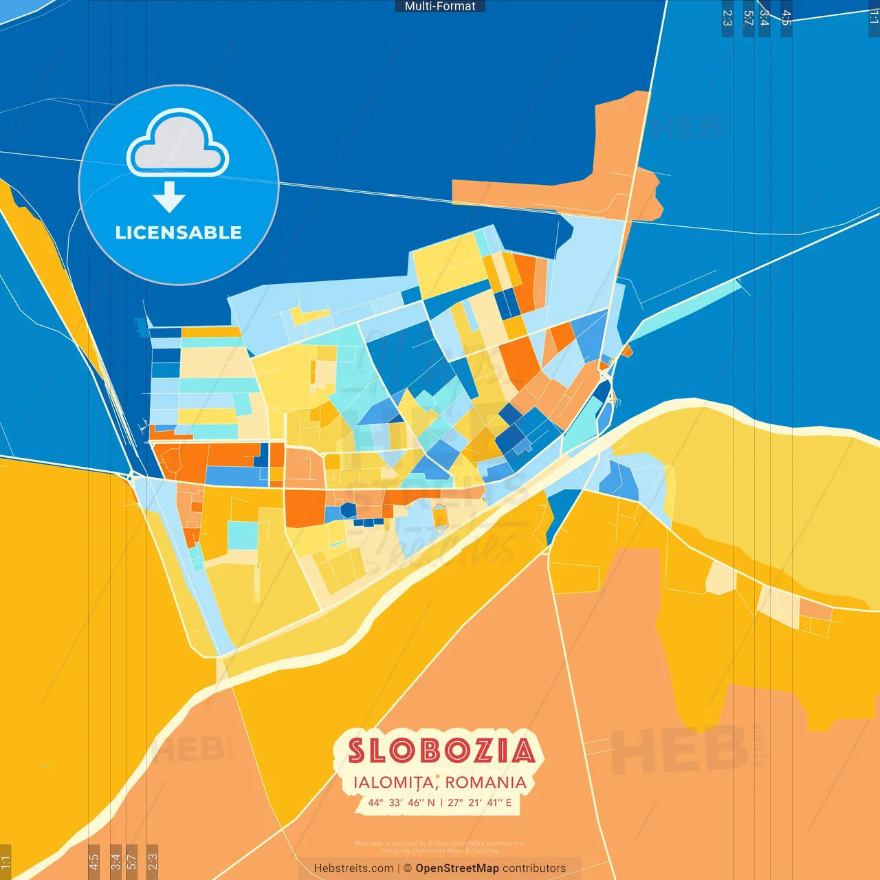 Slobozia, Ialomița, Romania blue and orange vector art map template