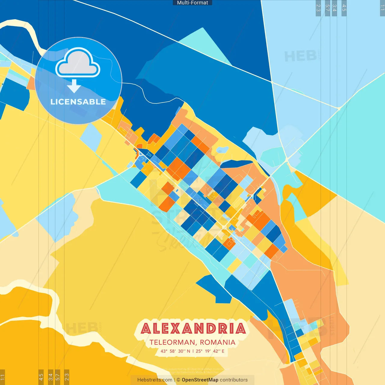 Alexandria, Teleorman, Romania blue and orange vector art map template