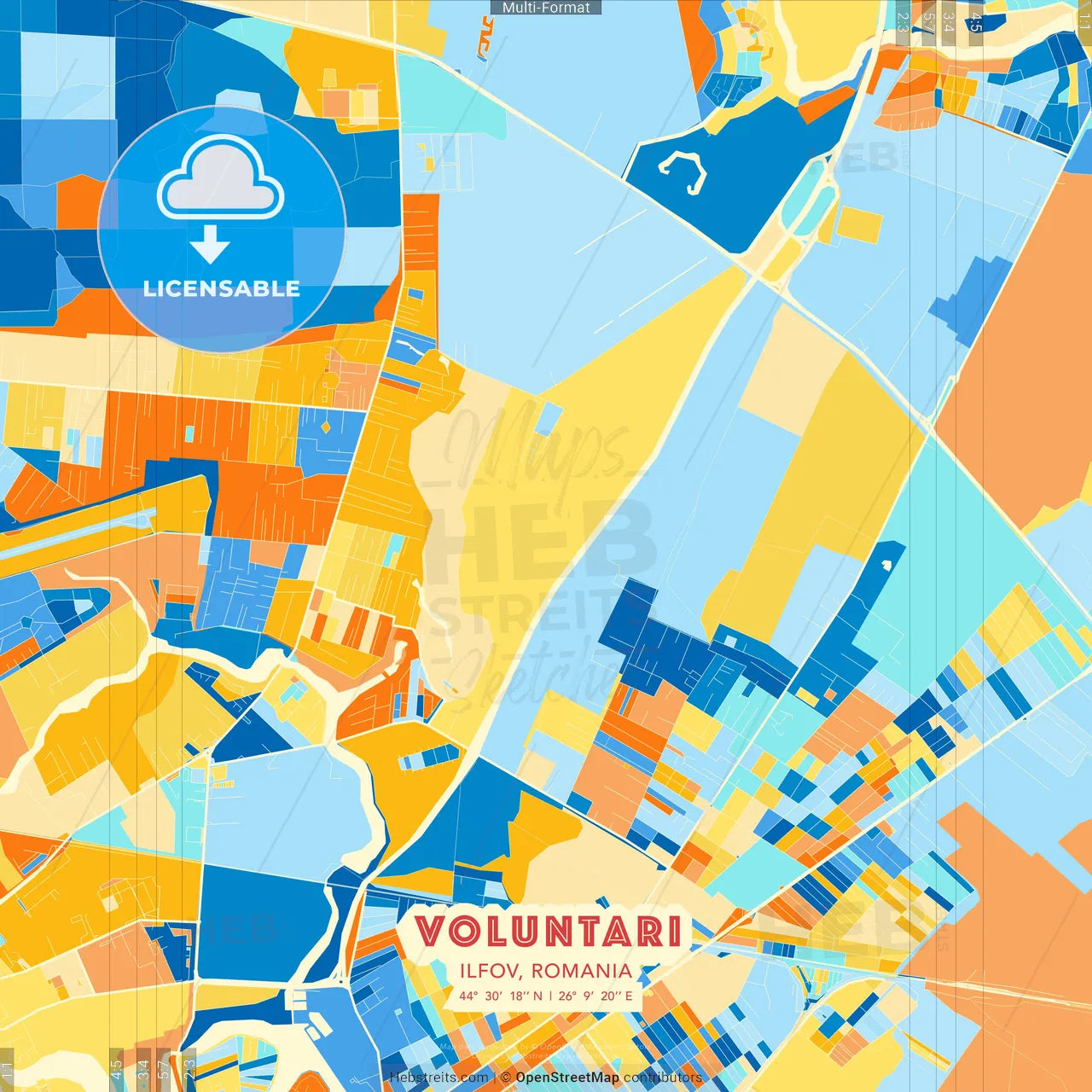 Voluntari, Ilfov, Romania blue and orange vector art map template