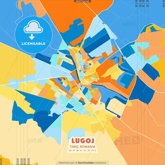 Lugoj, Timiș, Romania blue and orange vector art map template