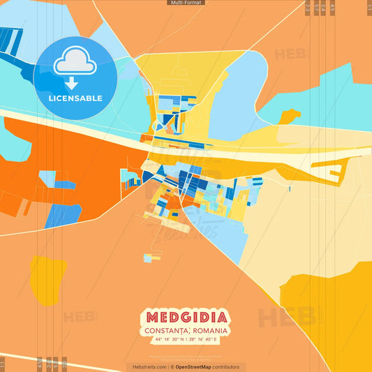 Medgidia, Constanța, Romania blue and orange vector art map template