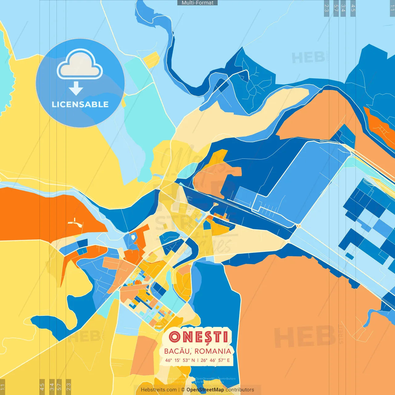 Onești, Bacău, Romania blue and orange vector art map template
