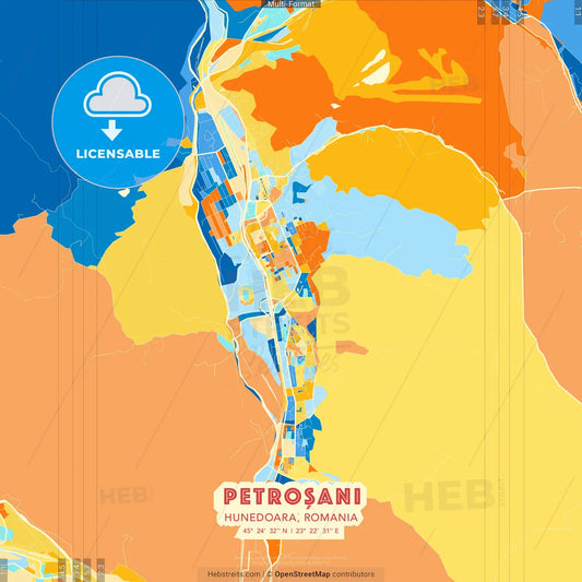 Petroșani, Hunedoara, Romania blue and orange vector art map template