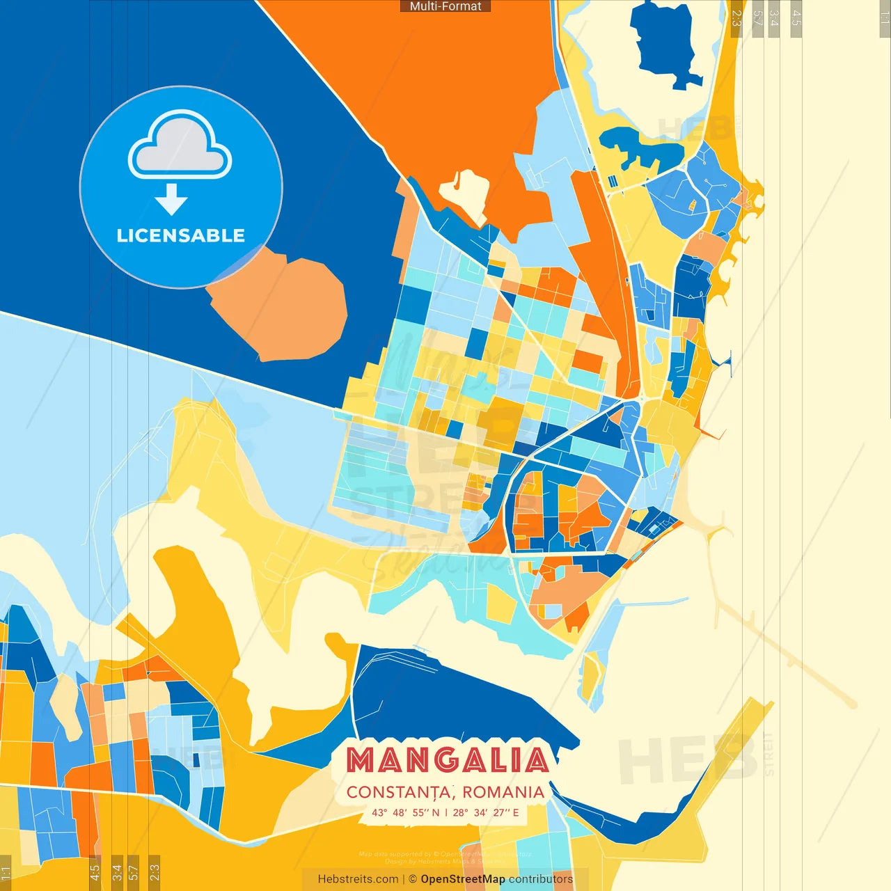Mangalia, Constanța, Romania blue and orange vector art map template