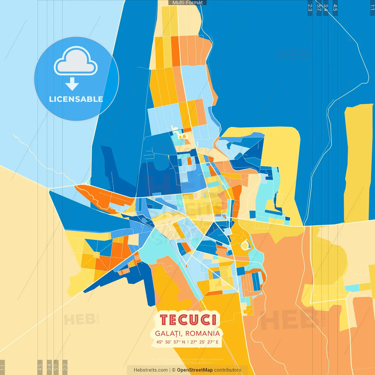 Tecuci, Galați, Romania blue and orange vector art map template