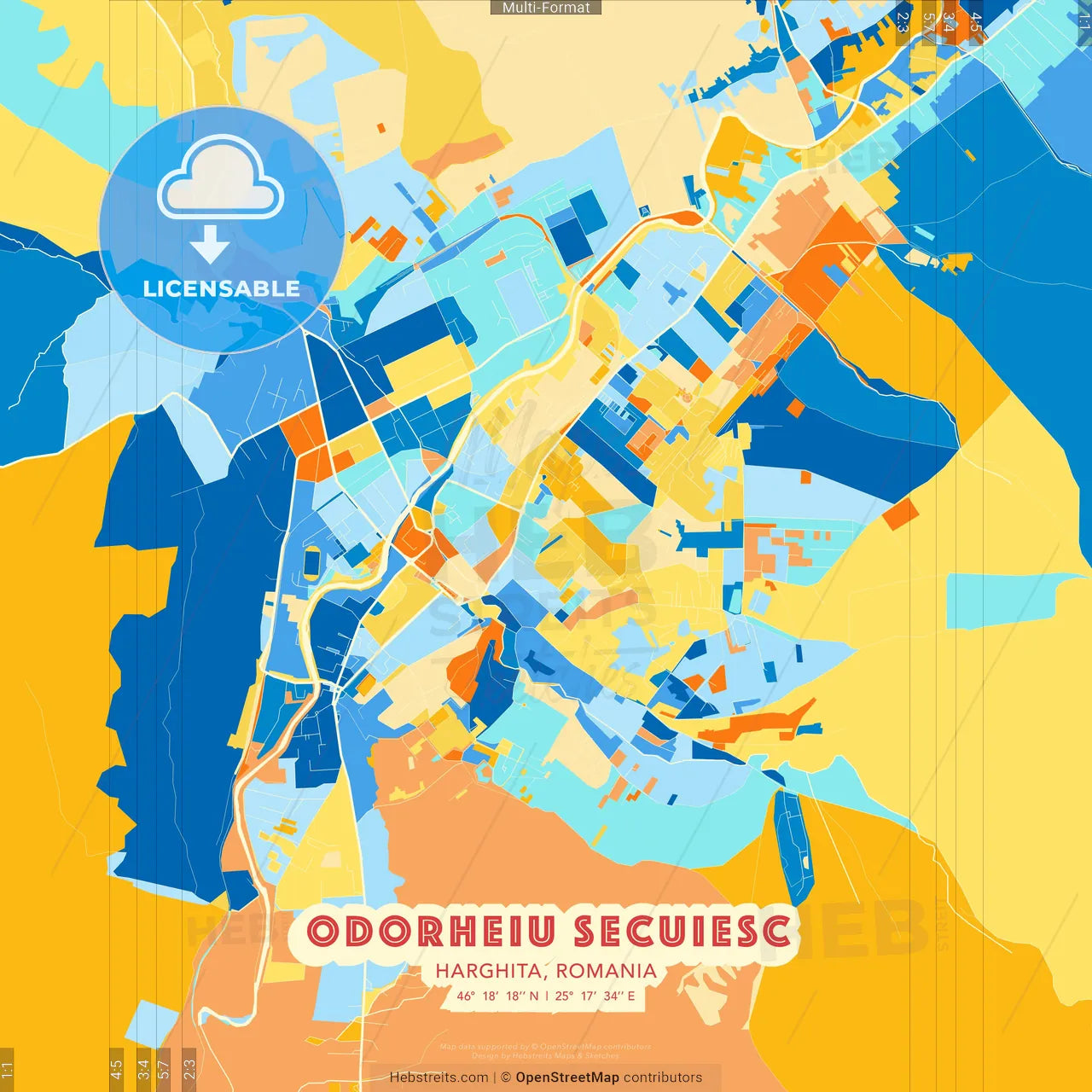Odorheiu Secuiesc, Harghita, Romania blue and orange vector art map template