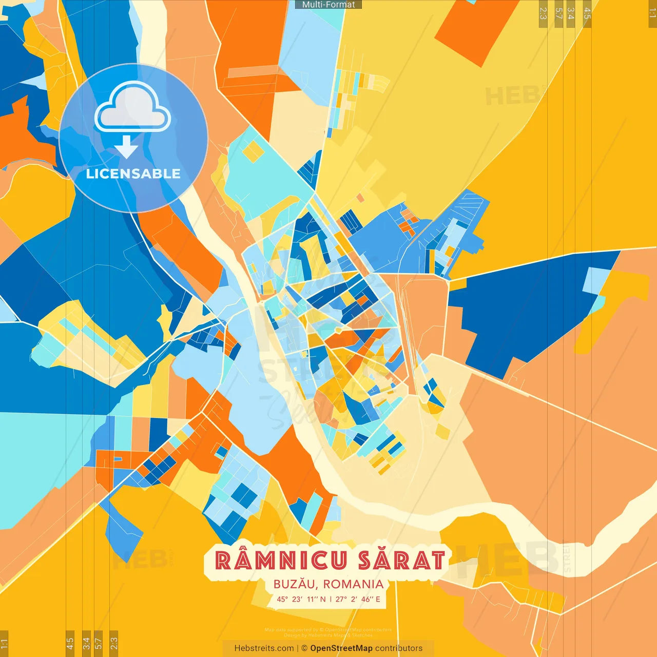 Râmnicu Sărat, Buzău, Romania blue and orange vector art map template