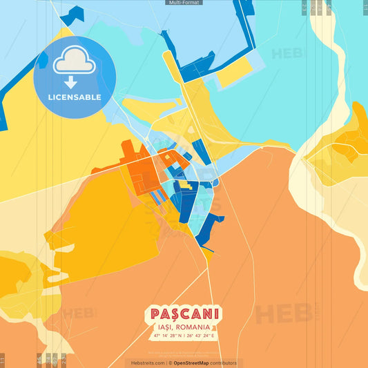 Pașcani, Iași, Romania blue and orange vector art map template