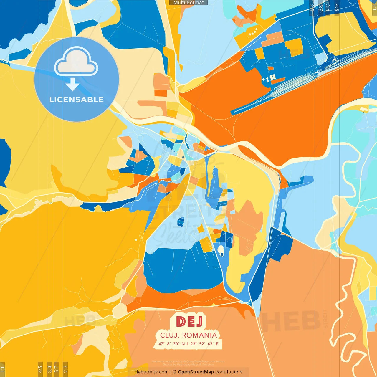 Dej, Cluj, Romania blue and orange vector art map template