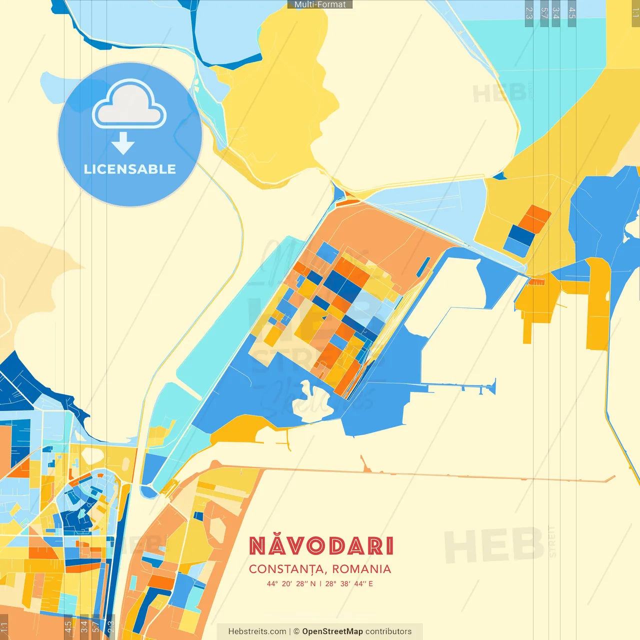Năvodari, Constanța, Romania blue and orange vector art map template