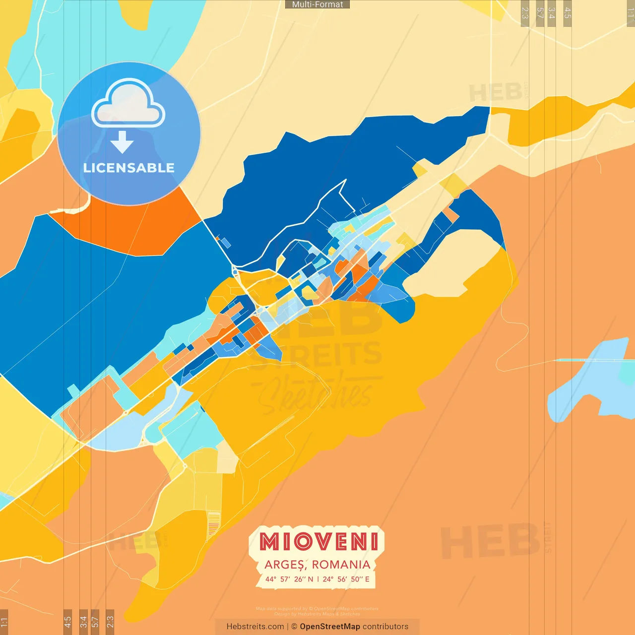 Mioveni, Argeș, Romania blue and orange vector art map template