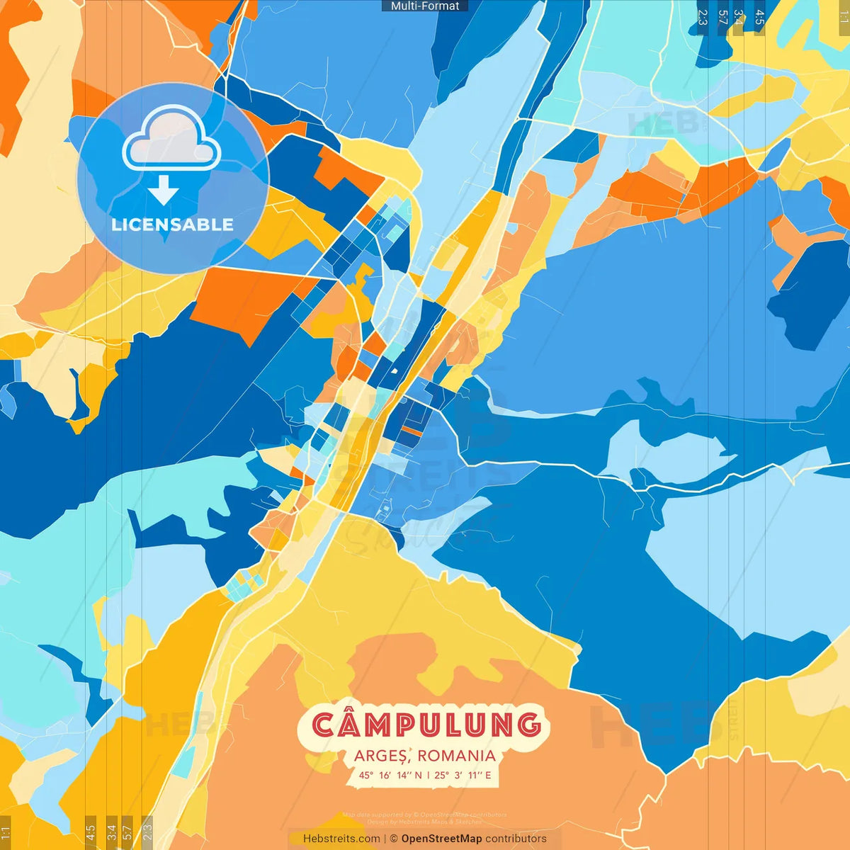 Câmpulung, Argeș, Romania blue and orange vector art map template