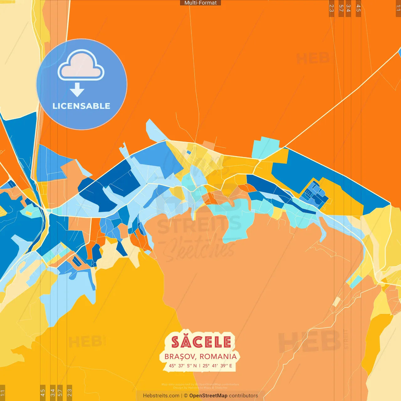 Săcele, Brașov, Romania blue and orange vector art map template