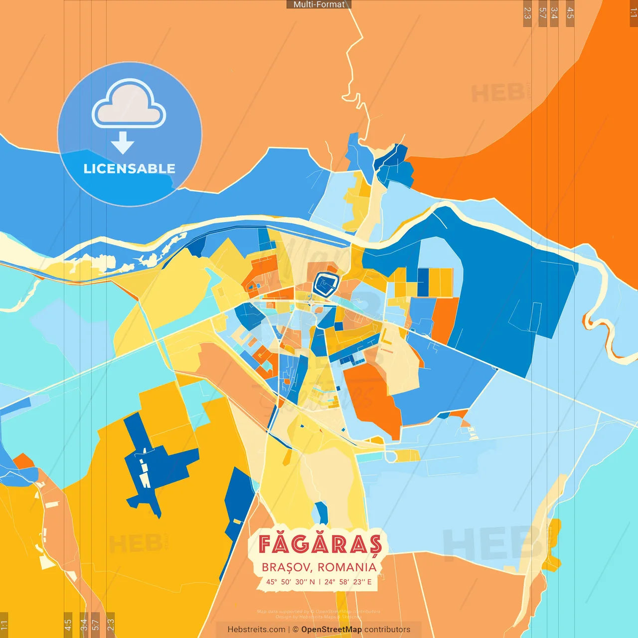 Făgăraș, Brașov, Romania blue and orange vector art map template