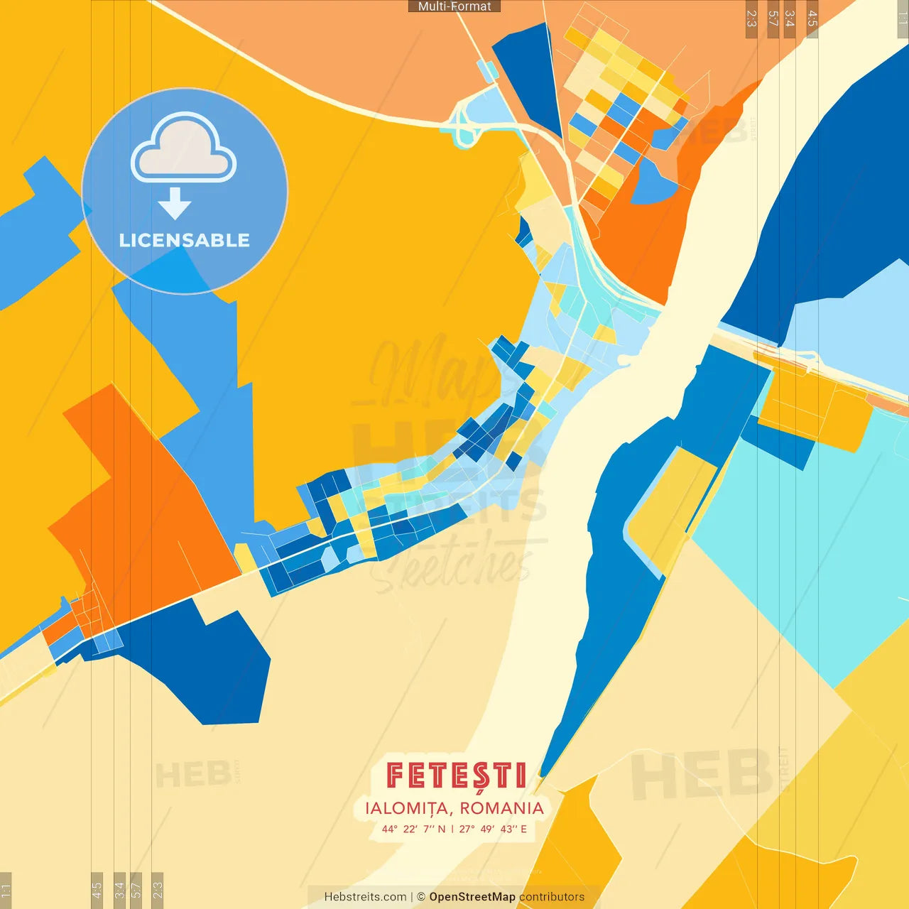 Fetești, Ialomița, Romania blue and orange vector art map template