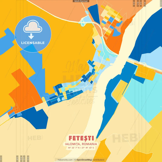 Fetești, Ialomița, Romania blue and orange vector art map template