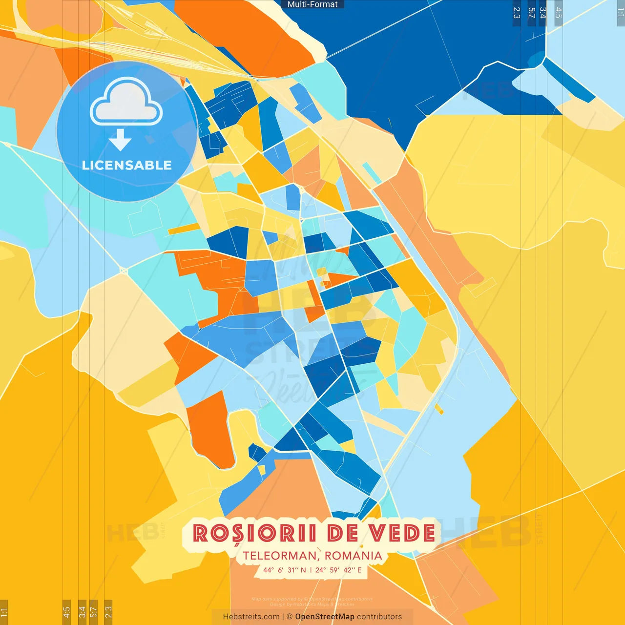 Roșiorii de Vede, Teleorman, Romania blue and orange vector art map template