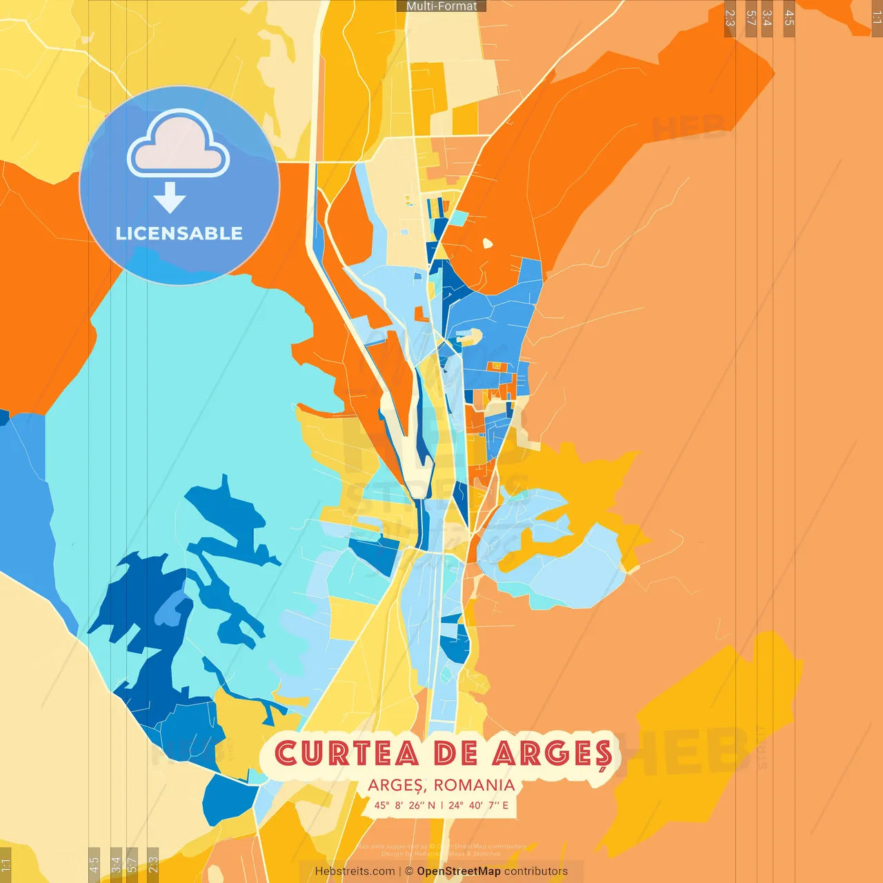 Curtea de Argeș, Argeș, Romania blue and orange vector art map template