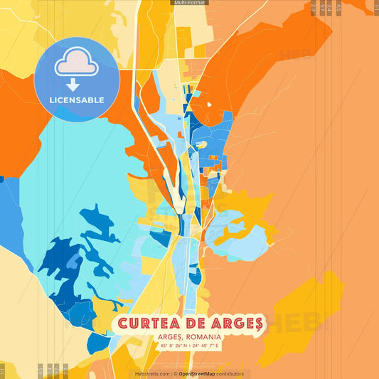 Curtea de Argeș, Argeș, Romania blue and orange vector art map template